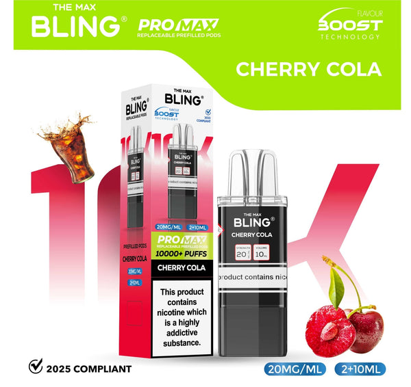 The Bling 10K Pro Max Replacement Prefilled Pods - Box of 5 Available In Cherry Cola Flavour