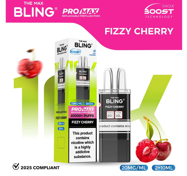 The Bling 10K Pro Max Replacement Prefilled Pods - Box of 5 Available In Fizzy CherryFlavour