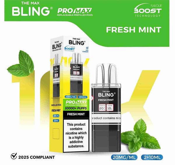 The Bling 10K Pro Max Replacement Prefilled Pods - Box of 5 Available In fresh Mint Flavour