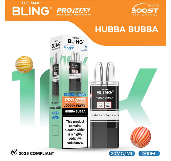 The Bling 10K Pro Max Replacement Prefilled Pods - Box of 5 Available In Hubba Bubba Flavour