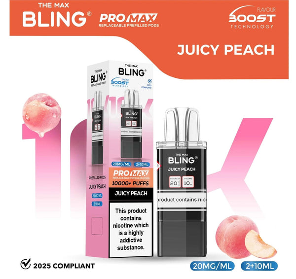 The Bling 10K Pro Max Replacement Prefilled Pods - Box of 5 Available In Juicy Peach Flavour