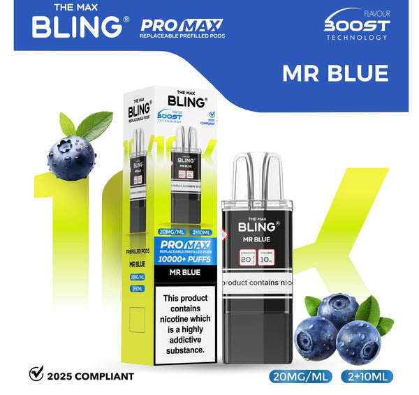 The Bling 10K Pro Max Replacement Prefilled Pods - Box of 5 Available In Mr Blue Flavour