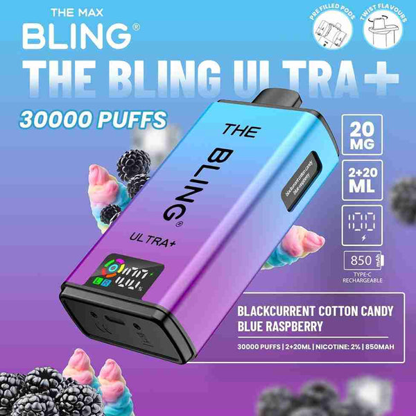 The Bling Ultra Plus 30k Prefilled Vape Pod Kit Box of 5, Blackcurrent, Cotton Candy, Blue Raspberry Flavour