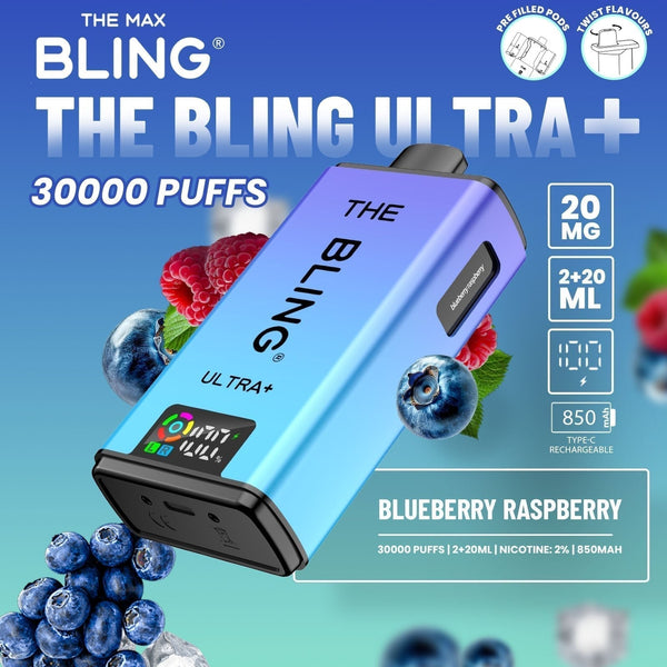 The Bling Ultra Plus 30k Prefilled Vape Pod Kit Box of 5 available in Blueberry Raspberry