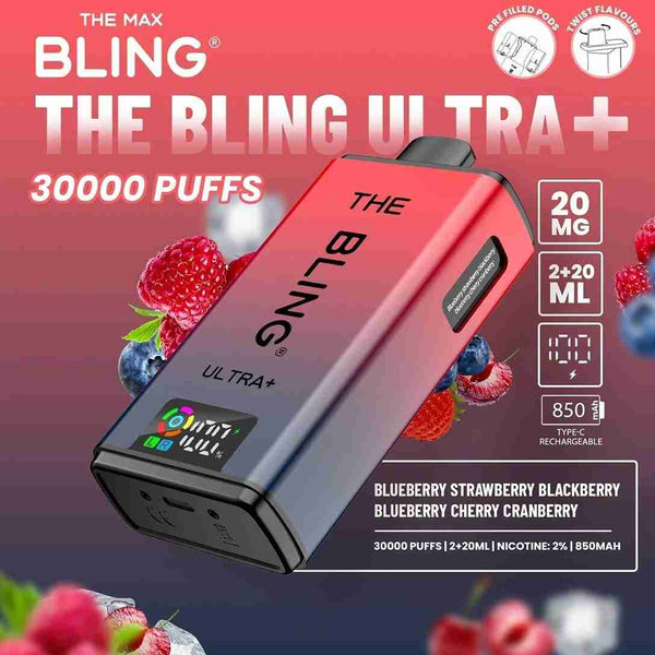 The Bling Ultra Plus 30k Prefilled Vape Pod Kit Box of 5, Blueberry Strawberry Blackberry, Blueberry Cherry Cranberry Flavour