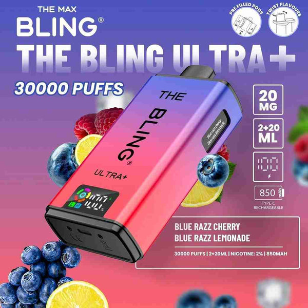 The Bling Ultra Plus 30k Prefilled Vape Pod Kit Box of 5, Blue Razz, Cherry Blue, Razz Lemonade Flavour