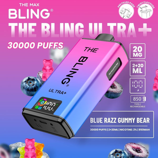 The Bling Ultra Plus 30k Prefilled Vape Pod Kit Box of 5 available in Blue Razz Gummy Bear
