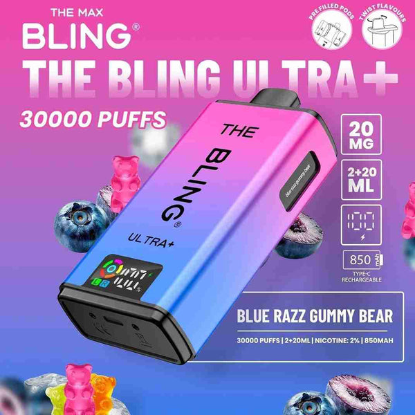 The Bling Ultra Plus 30k Prefilled Vape Pod Kit Box of 5, Blue Razz Gummy Bear Flavour