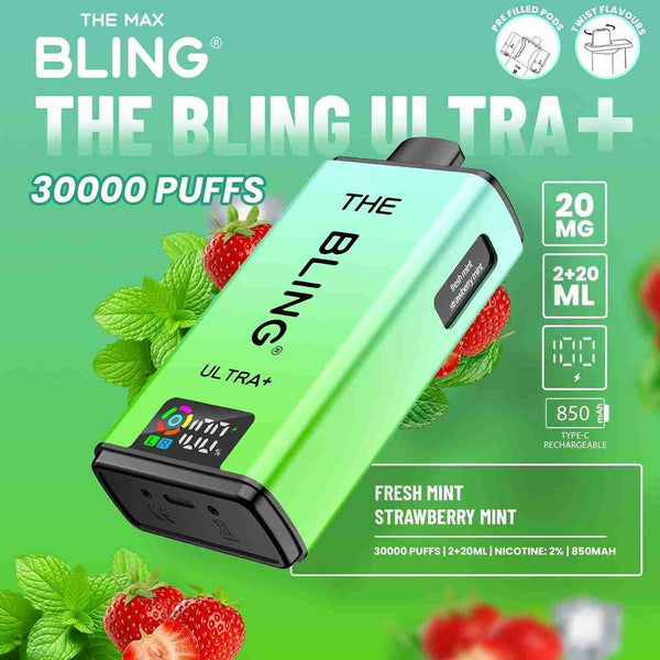 The Bling Ultra Plus 30k Prefilled Vape Pod Kit Box of 5, Fresh Mint, Strawberry Mint Flavour