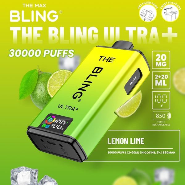 The Bling Ultra Plus 30k Prefilled Vape Pod Kit Box of 5 available in Lemon Lime Flavour