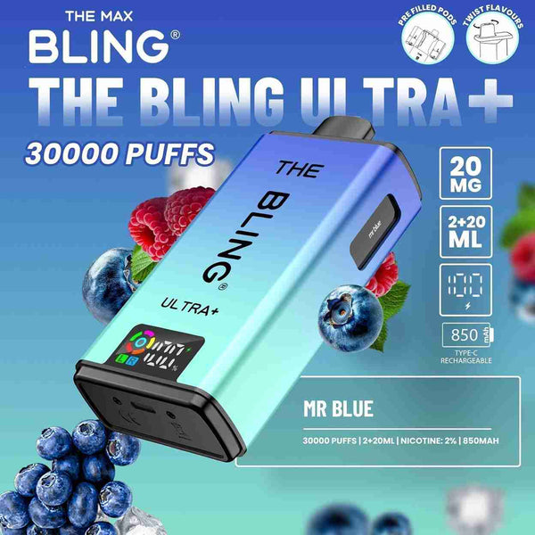 The Bling Ultra Plus 30k Prefilled Vape Pod Kit Box of 5, Mr Blue Flaour
