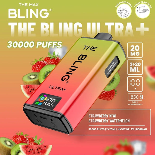 The Bling Ultra Plus 30k Prefilled Vape Pod Kit Box of 5, Strawberry Kiwi, Strawberry Watermelon Flavour