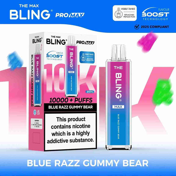 The Crystal Bling Max 10K Prefilled Pod Kit - Box of 5 Available In Blue Razz Gummy Bear Flavour