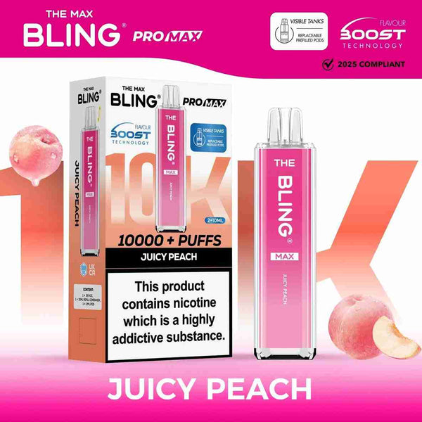 Image Of The Crystal Bling Max 10K Prefilled Pod Kit - Box of 5 with Juicy Peach flavour