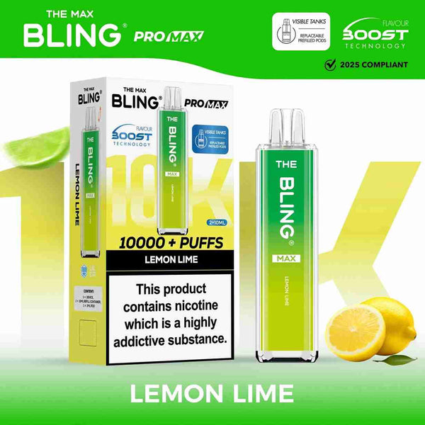 The Crystal Bling Max 10K Prefilled Pod Kit - Box of 5 Available In Lemon & LIme Flavour