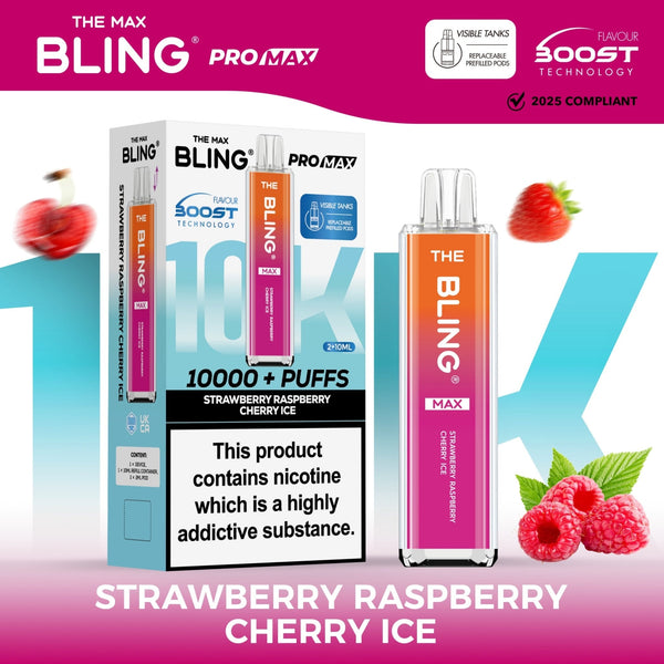The Crystal Bling Max 10K Prefilled Pod Kit - Box of 5 Available In Strawberry Raspberry Cherry Ice Flavour