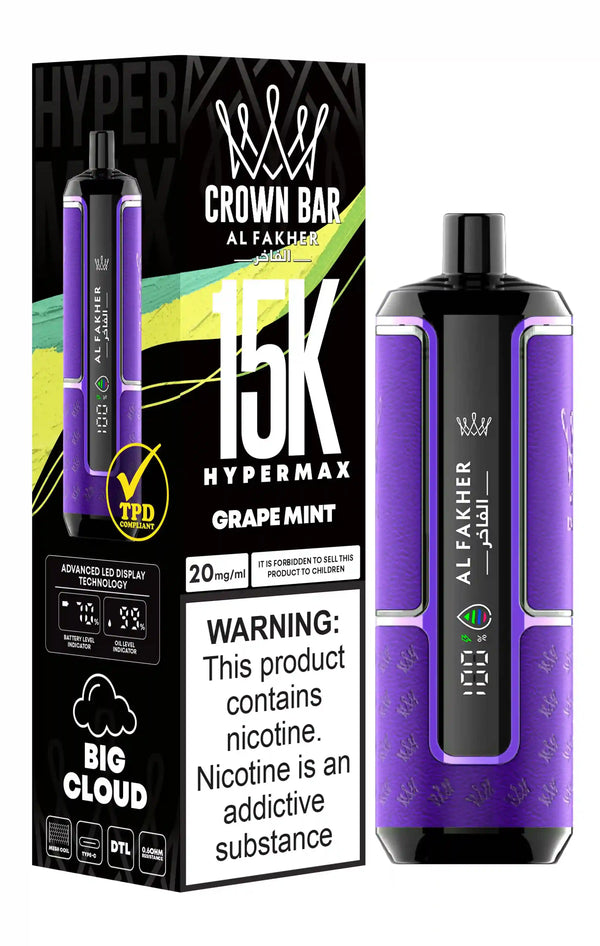 Al Fakher Crown Bar 15k Hypermax Vape Box of 10 with Grape Mint flavour