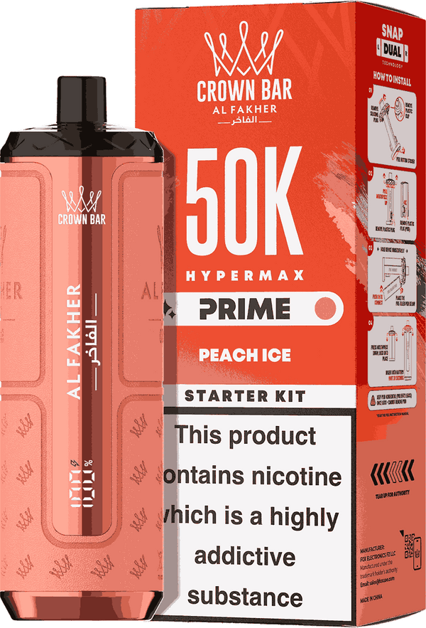 Crown Bar Al Fakher Hypermax Prime 50k (box of 5) prefilled kit with Peach ice flavour 