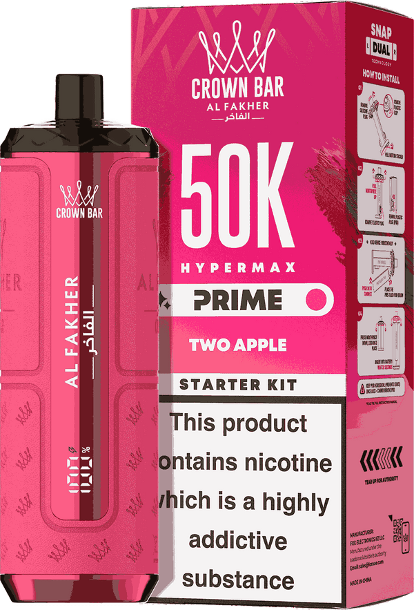Crown Bar Al Fakher Hypermax Prime 50k (box of 5) prefilled kit with Two Apple flavour 
