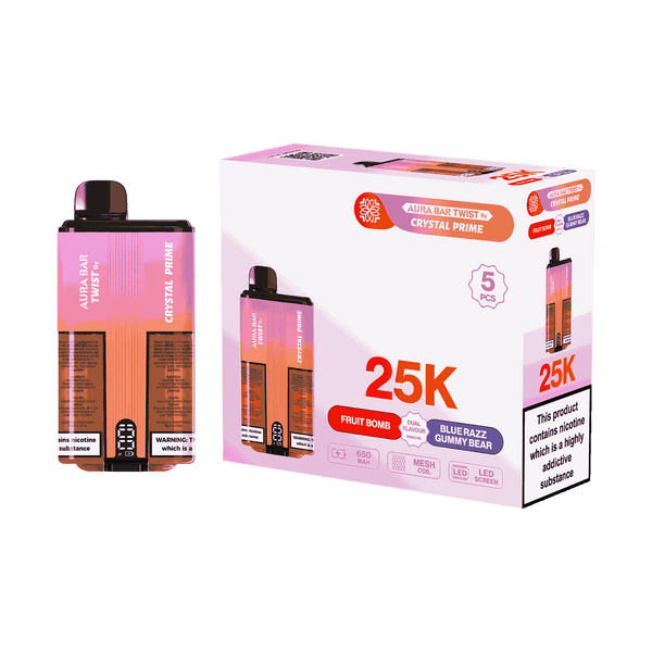 Aura Bar Twist 25000 Puffs by Crystal Prime - Box of 5 with Fruit Bomb and Blue Razz Gummy Bear flavour