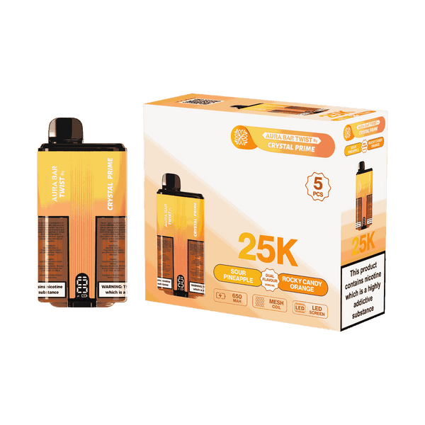Aura Bar Twist 25000 Puffs by Crystal Prime - Box of 5 with Sour Pineapple and Rocky Candy Orange flavour