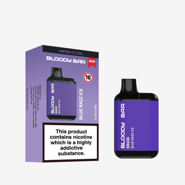 Image of Bloody Bar BB600 Prefilled Pod Vape Kit Pack of 10. Flavour Blue Razz Ice