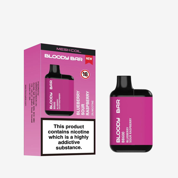 Image of Bloody Bar BB600 Prefilled Pod Vape Kit Pack of 10. Flavour Blueberry Sour Raspberry