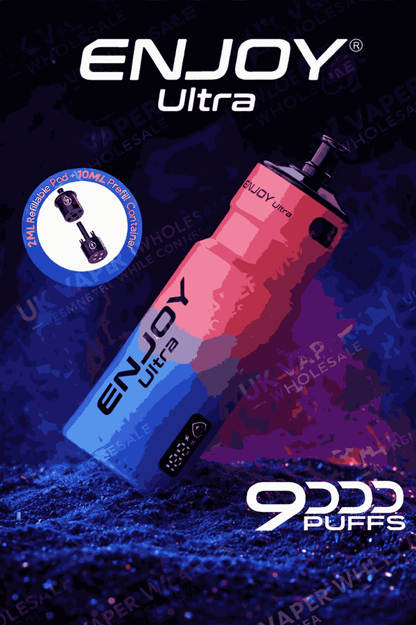 Enjoy Ultra 9k (puffs) PrefilledVape Pods with Dark blue background