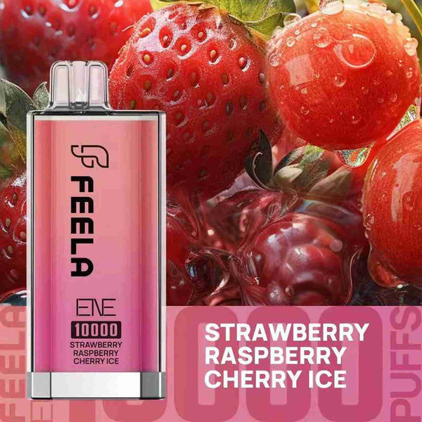 Feela ENE/Elux 10000 Disposable Vape Puff Pod Box of 10 with Strawberry Raspberry Cherry Ice flavour