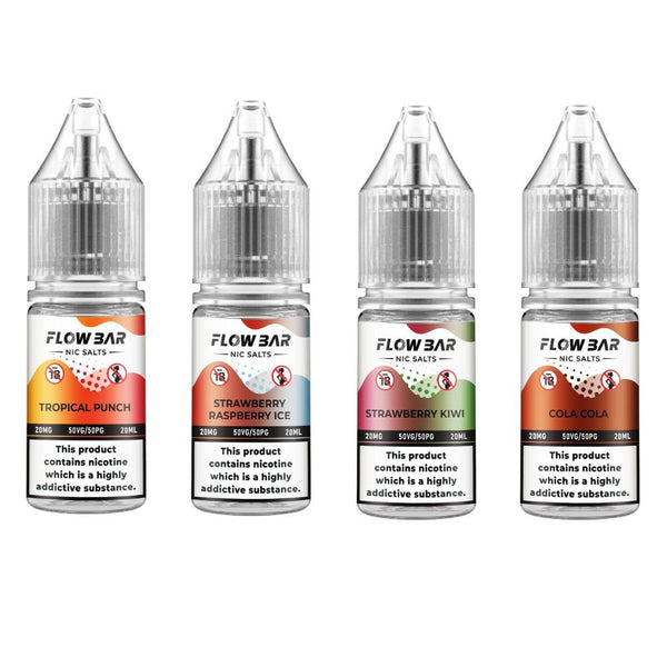 Flow Bar Nic Salt 10ml Pack of 10 Available In Tropical Punch Strawberry Raspberry Ice Strawberry Kiwi Cola Cola Flavour 