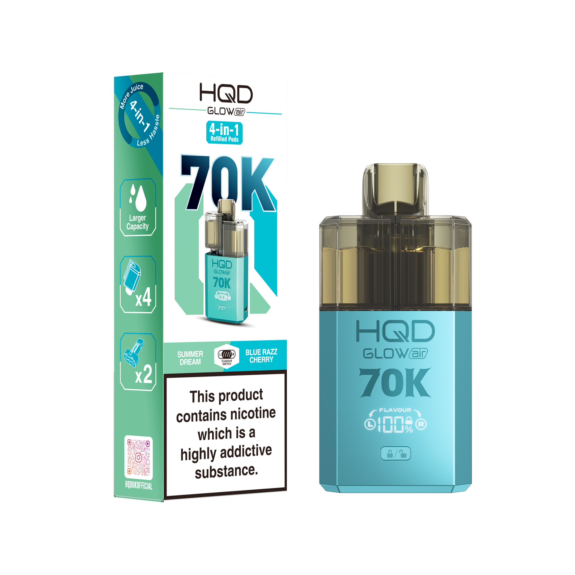 HQD Glow Air 70K Puff Prefilled Pod Vape kit - Box of 5 HQD Glow Air 70K Puff Prefilled Pod Vape kit - Box of 5