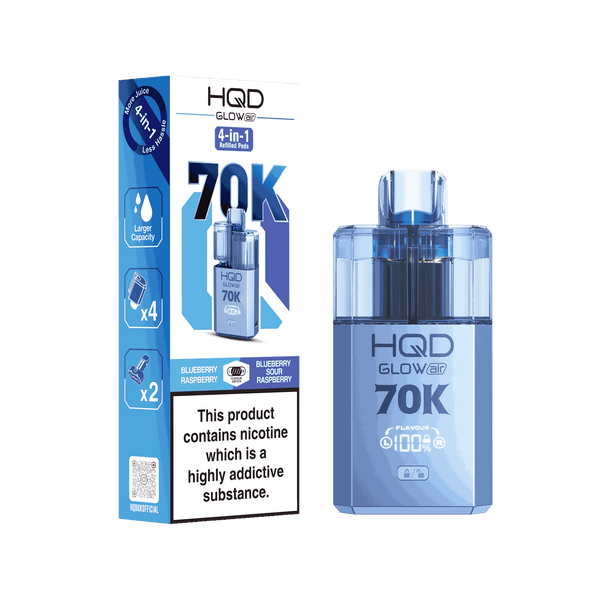 Image Of HQD Glow Air 70k, 70000 Puffs Prefilled Vape kit - Box of 5 with Blueberry Raspberry and Blueberry Sour Raspberry flavour