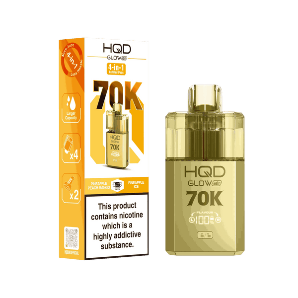 Image Of HQD Glow Air 70k, 70000 Puffs Prefilled Vape kit - Box of 5 with Pineapple Peach Mango and Pineapple Ice flavour
