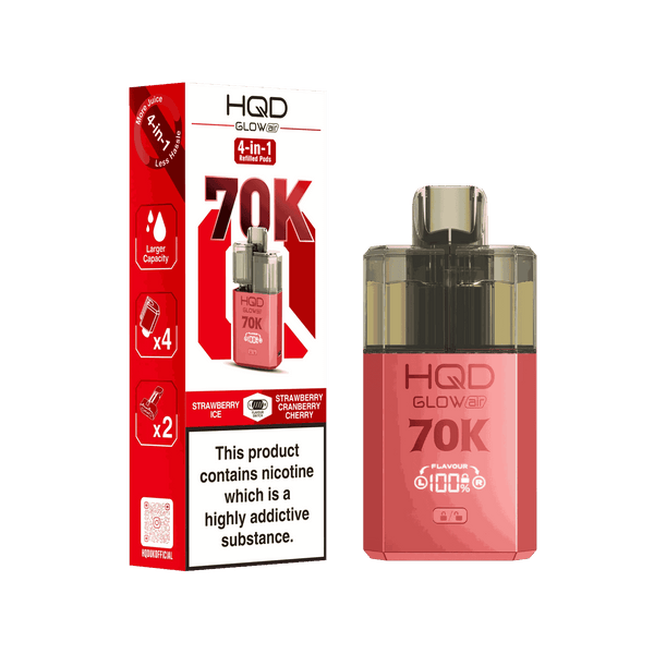 Image Of HQD Glow Air 70k, 70000 Puffs Prefilled Vape kit - Box of 5 with Strawberry ice and Strawberry Cranberry Cherry flavour