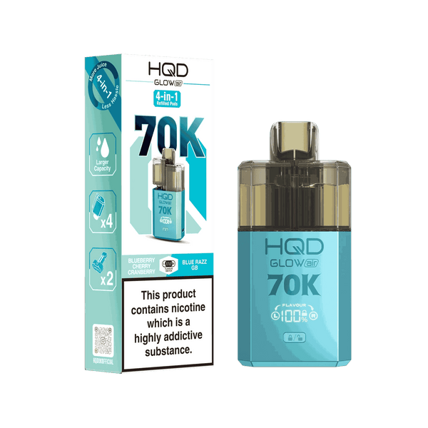Image Of HQD Glow Air 70k, 70000 Puffs Prefilled Vape kit - Box of 5 with Blueberry Cranberry Cherry and Blue Razz Ice flavour