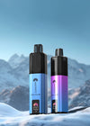 Two Hayati vape devices in Blue and Purpleblue Colours against a mountainous background
