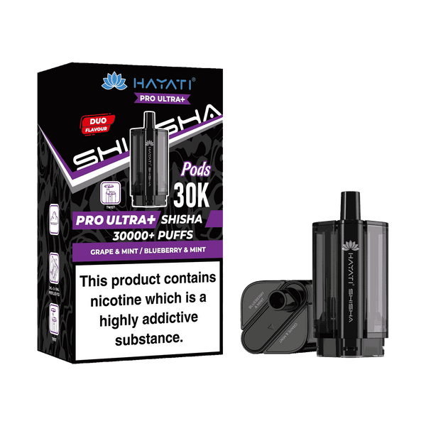 Hayati Pro Ultra Plus Shisha 30k Prefilled Pods Box of 5 - Wholesale Price ! with Grape & Mint and Blueberry Mint
