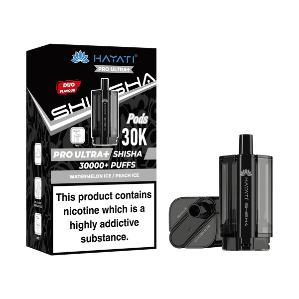 Hayati Pro Ultra Plus Shisha 30k Prefilled Pods Box of 5 - with Watermelon and Peach ice flavour Wholesale Price !