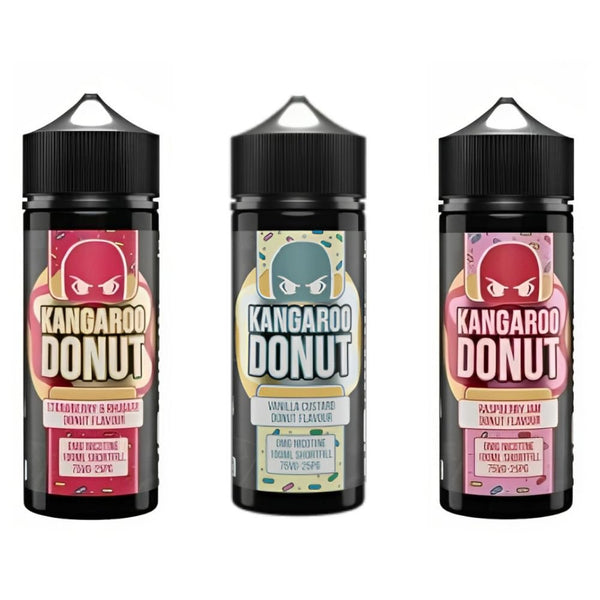 Kangaroo Donut 100ml Shortfill E Liquid, Strawberry Rhubarb, Vanilla Custard, Raspberry Jam Flavour