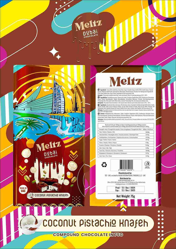 Meltz Dubai Knafeh Chocolate - 75g - with Coconut Pistachio Knafeh flavour