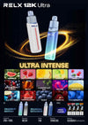 Two RELX 12K Ultra Prefilled vape (Box of 5) devices with flavor options on a dark background