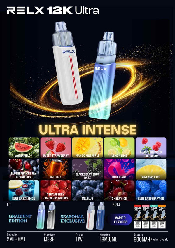 Two RELX 12K Ultra Prefilled vape (Box of 5) devices with flavor options on a dark background