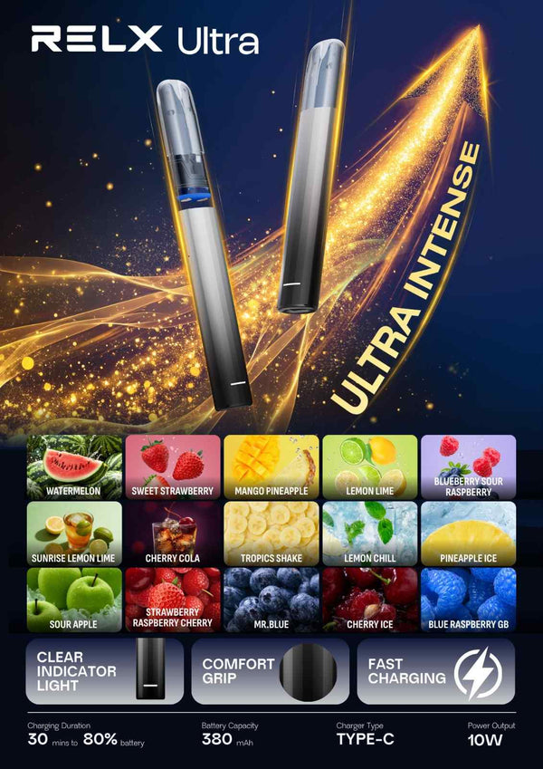 Two RELX 12K Ultra Prefilled vape (Box of 5) devices with flavor options on a dark background