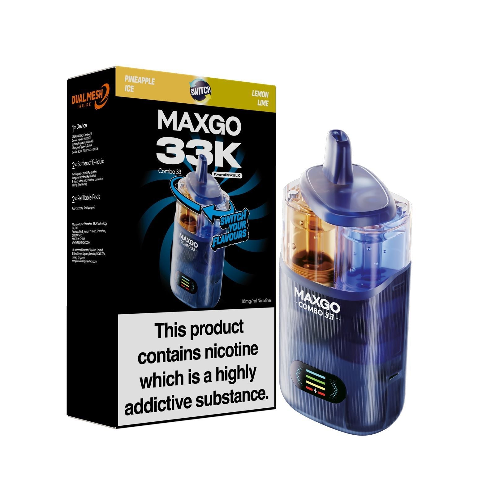 Relx Maxgo Combo 33000 Prefilled Pod Kit - Box of 3 Relx Maxgo Combo 33000 Prefilled Pod Kit - Box of 3