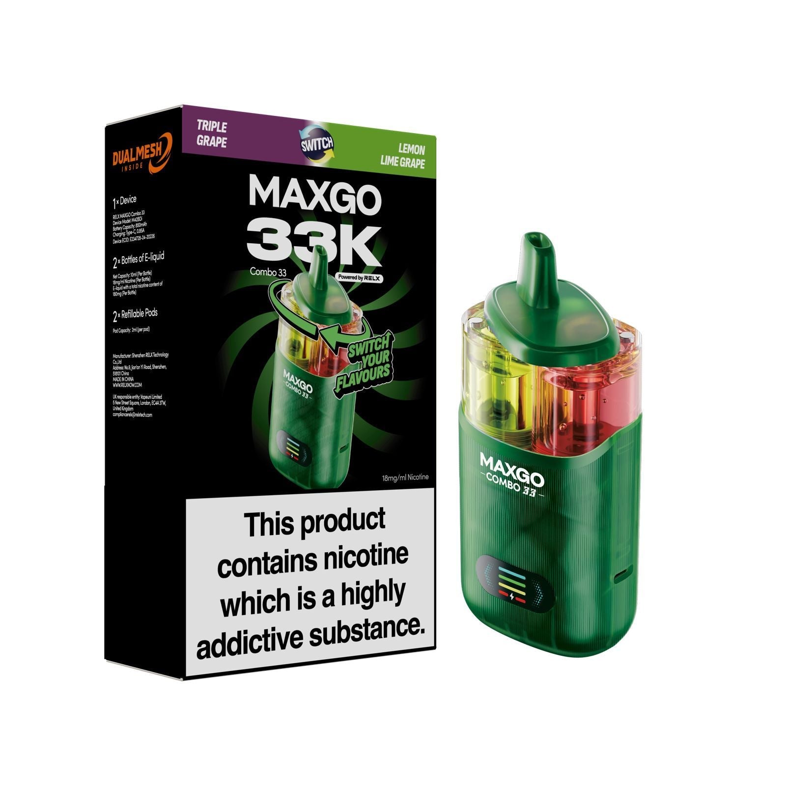 Relx Maxgo Combo 33000 Prefilled Pod Kit - Box of 3 Relx Maxgo Combo 33000 Prefilled Pod Kit - Box of 3
