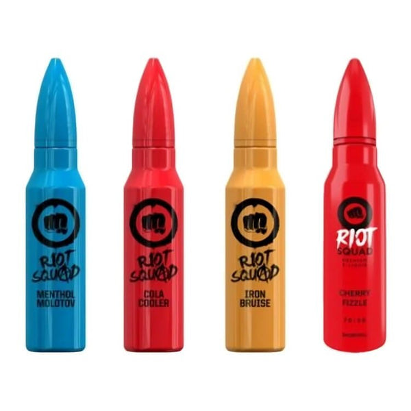 Riot Squad 50ml Shortfill E Liquid, Menthol Molotov, Cola Cooler, Iron Bruise, Cherry Fizzle Flavour 