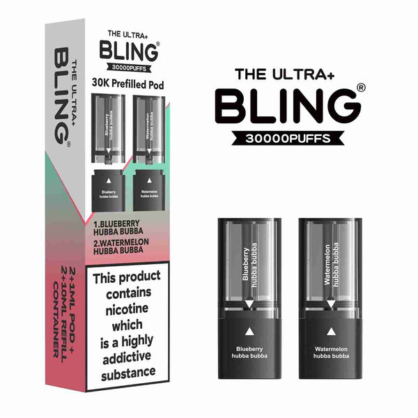 The Bling Ultra Plus 30k Replacement Pods Box of 5 - with Hubba Bubba Blueberry and Watermelon flavourWholesale Price !
